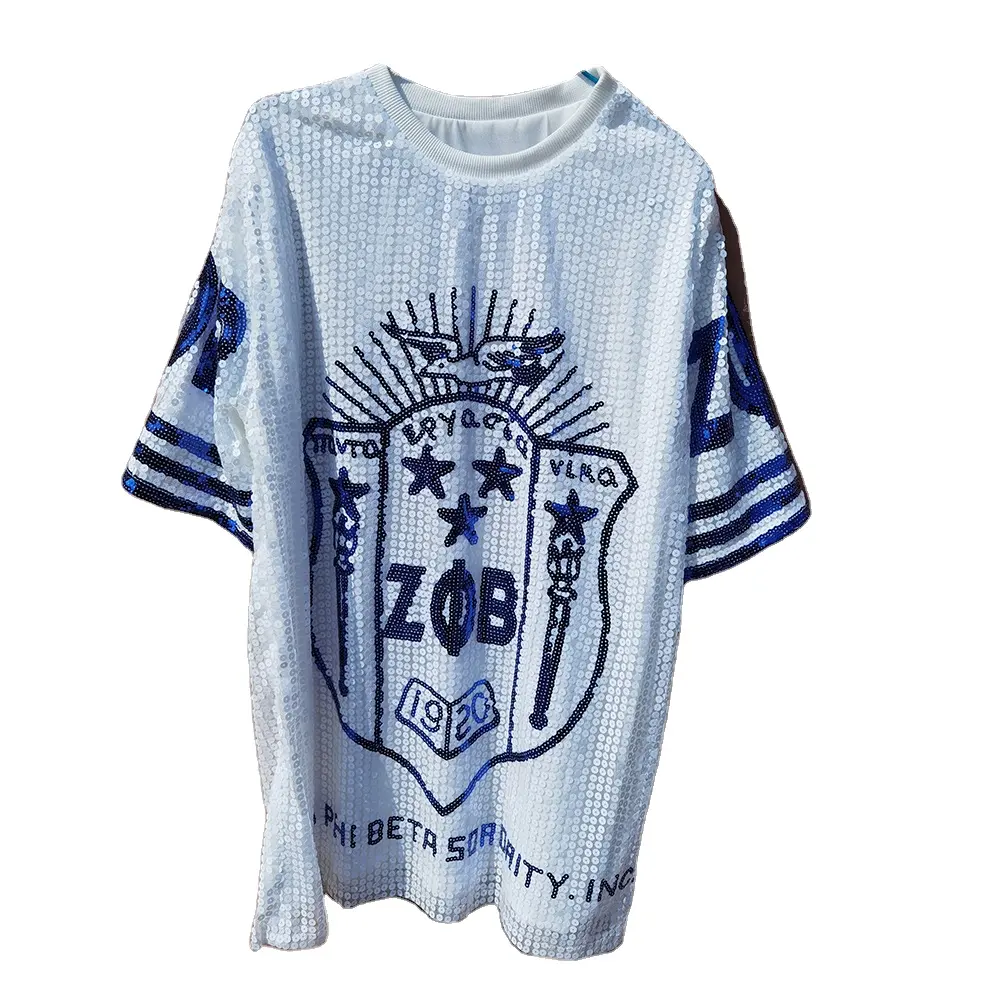 Zeta Phi Beta Losse Lovertjes T-Shirt Kralen Zpb Blauw Wit Schild Ronde Hals Dames Top