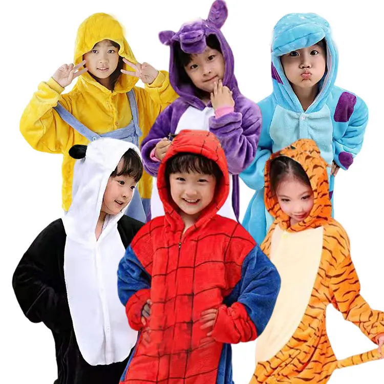 Vestiti per bambini In stock 2023 tutina calda flanella pigiama stampato animale viola dinosauro Panda Jump Tigger Kigurumi