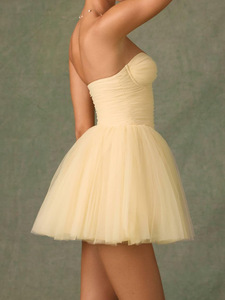 High Quality 2025 Summer French Sexy Chiffon Mini Puffy Short Dress Slim Yellow Party Dress - Product Image 4