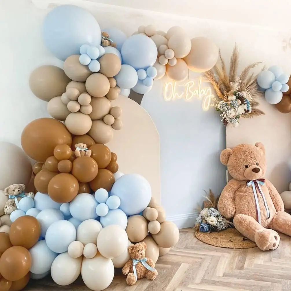 Duplo recheado Balão Garland Arch Kit Azul Nude Café Marrom Látex Balões para Teddy Bear Baby Shower Party Decorações