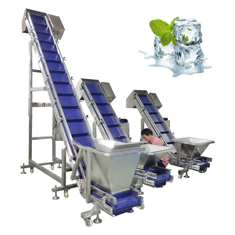 Ice cube sabuk konveyor dengan hopper conveyor hopper untuk udang beku makanan laut fokus mesin penjualan laris