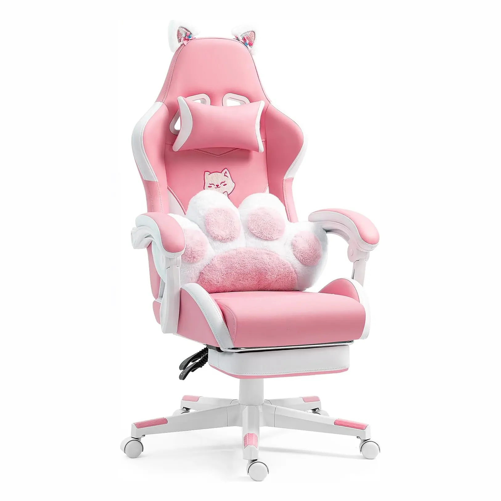 Pink Gaming Chair with Cat Paw Lumbar Cushion Cat Ears Computer Chair with Footrest Reclining PC Game Chair for Girl Teen Kids