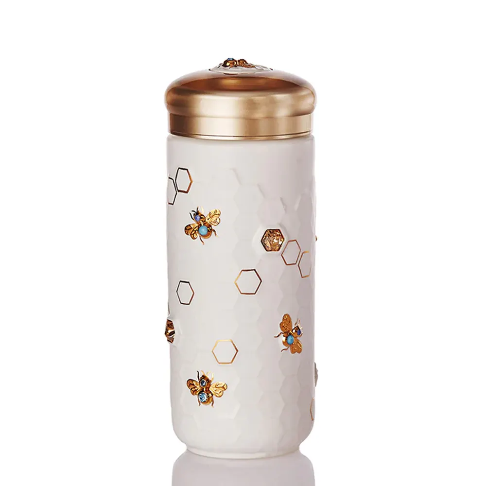 Caneca de viagem Acera Liven Honey Bee com cristais Cerâmica Artesanal com lindos desenhos abelhas douradas pintadas à mão