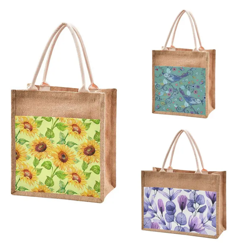Venta al por mayor Personalizar bolsas de arpillera promocional respetuoso con el medio ambiente, bolsas de saqueo personalizado de algodón y lino bolsas de yute de Compras/