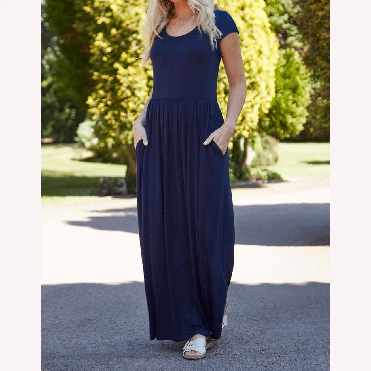 Vestido feminino casual, maxi vestido de verão elegante, cor sólida, manga curta, para mulheres