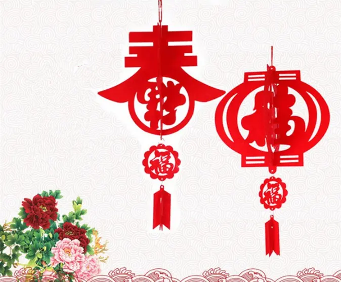 Estilo chinês Ano Novo Primavera Festival Feltro Pano Festivo Lanternas Decorações 3D Bênção Nó Flor Fortuna Pendurado