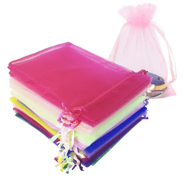 Organza del drawstring del sacchetto Multi-colored Sacchetti di Organza Sheer sacchetto di organza rosa con la piuma Per La Cerimonia Nuziale Del Partito Di Natale di San Valentino