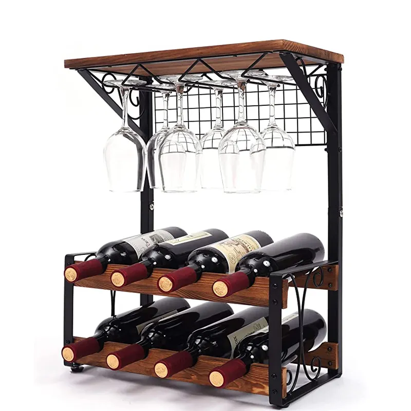 Estante de madera sólida de 2 niveles para vino, soporte multiusos, 8 botellas de vino y 6 vasos