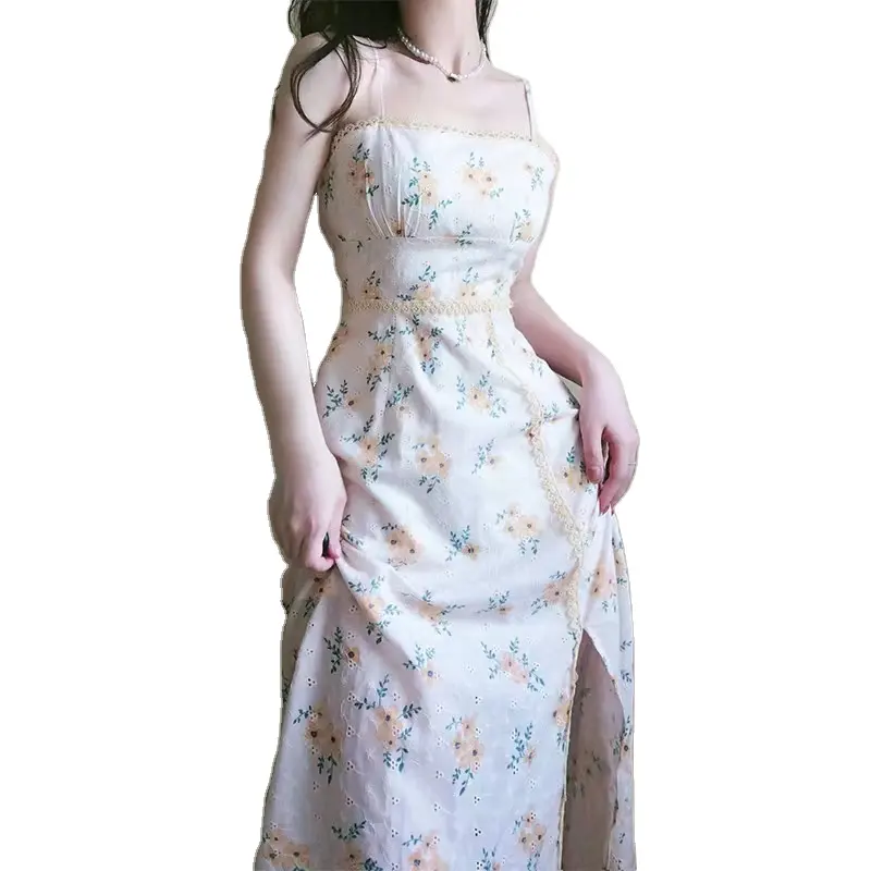 2023 vestido de verão elegante sem mangas, de alta qualidade, floral, com fenda lateral, estampa, elegante, para mulheres