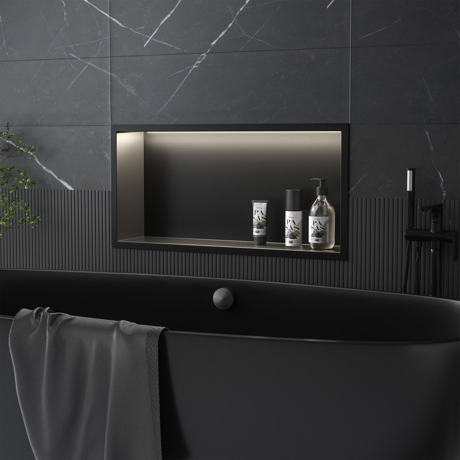 Neodrain Design Moderne Noir Mat Rectangulaire Douche Mur Niche Produits Insert Acier Inoxydable avec Lumières LED