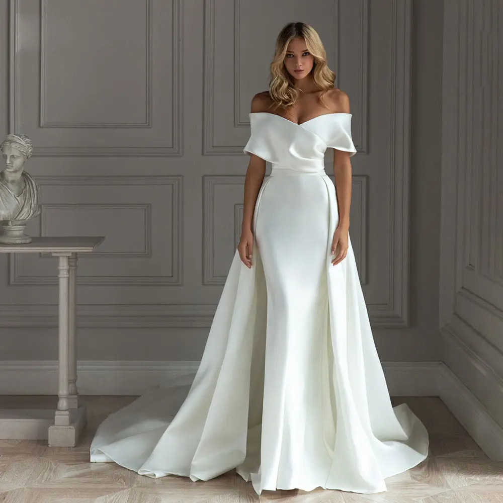 Luxury style Mermaid High Quality Satin Detachable Train Bow Belt Plus Size Wedding Dress