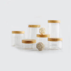 PETプラスチッククリアワイドネック化粧品ルーズパウダースタッカブルジャー、木製竹キャップシーリングライナー付き100ml 120ml 150ml 200ml - Product Image 1