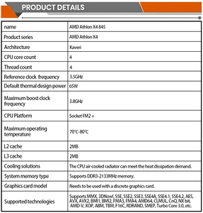 全新AMD CPU处理器a X4 845 3.5 GHz 65w四核CPU处理器插座FM2 + 的最佳批发价格 - Product Image 3