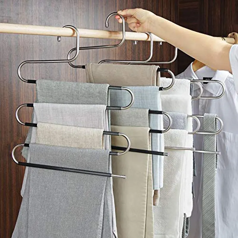 LEEKING Factory wholesale 6 layers s-shape space saving non slip  metal hangers  pants rack