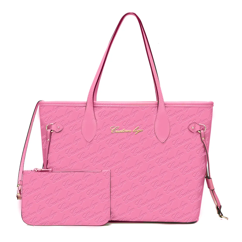 Conjunto de bolsos de trabajo de cuero rosa con logotipo impreso personalizado, bolsos de mano para mujer, bolsos de hombro para mujer, monedero personalizado