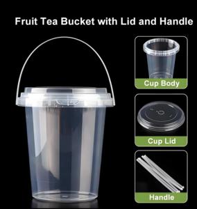 クリアフルーツジュース容器プラスチックカップ16オンス24オンス32オンスドリンクスーパービッグカップフルーツティージュースバブルミルクティーバケツハンドル付き