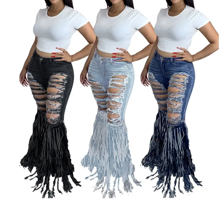 Liveda vente en gros Offre Spéciale femmes pantalons nouveaux jeans stretch tenue décontracté empilés femmes gland jeans automne déchiré cloche bas jeans