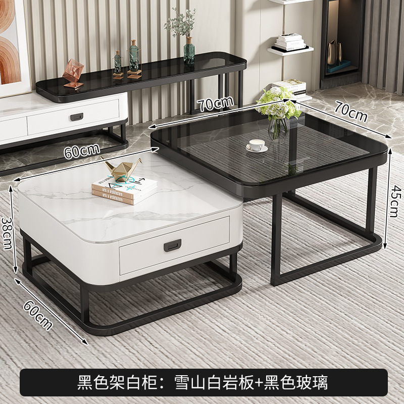 Cadre noir : verre gris, dalle blanche, tiroirs blancs