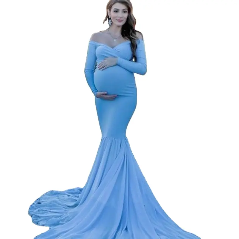 2021 Sexy Shoulderless Maternity Dresses For Photo Shoot Maxi Gown Pregnant Photography Props Pregnancy Dress Free Shipping