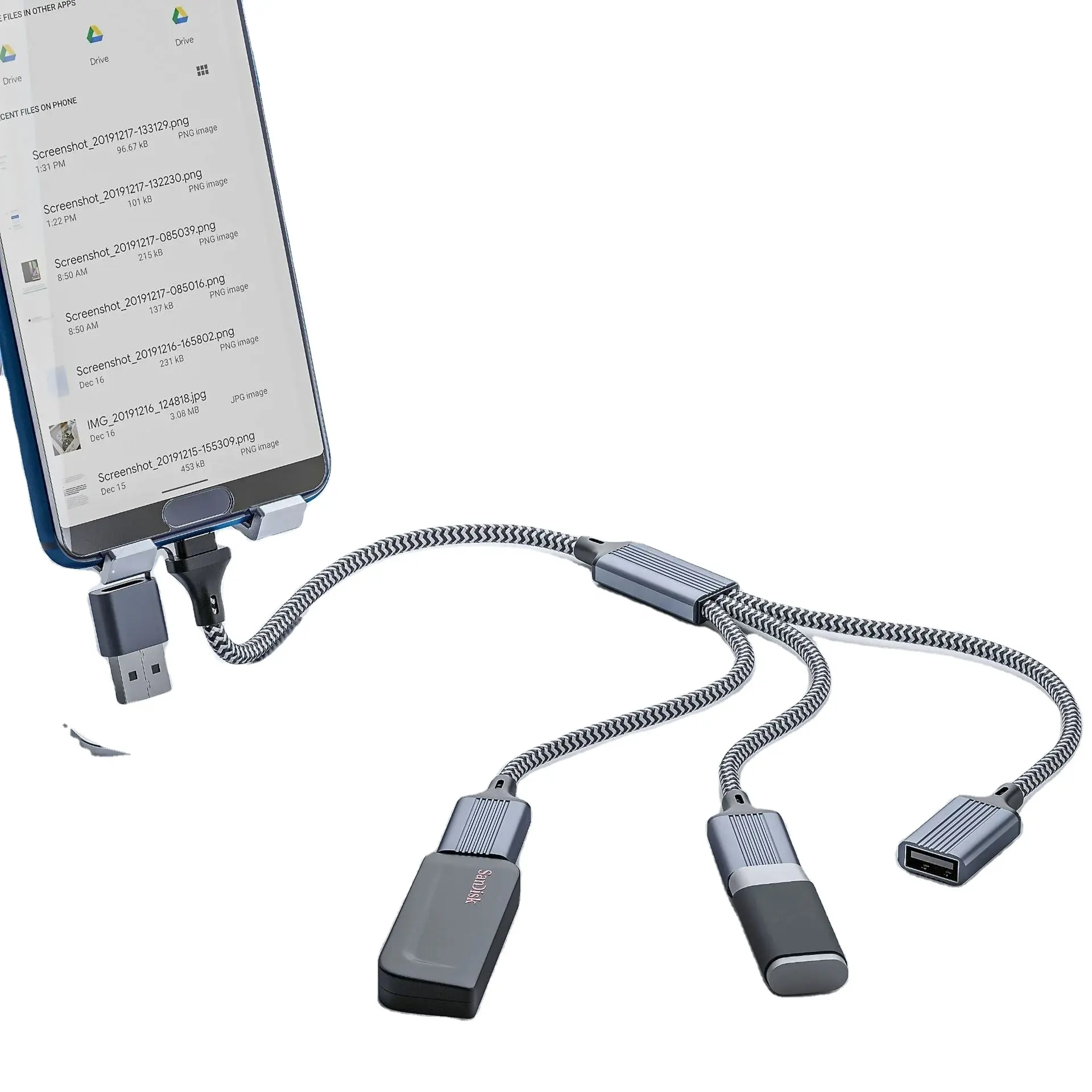 Çift arabirim HUB 3 in 1 Splitter adaptörü alüminyum alaşım örgülü kablo OTG fonksiyonu USB Hub tipi c kablo