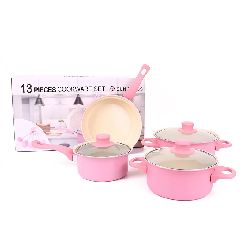 13 pezzi di pentole rosa set antiaderente pressofusione in ghisa cucina pentola per cucinare padella in casseruola set di pentole