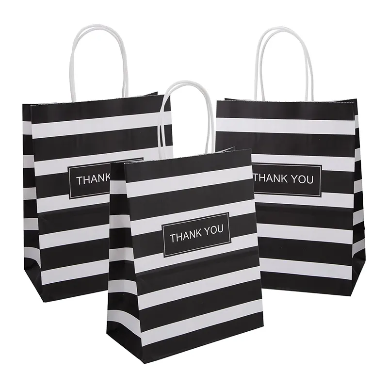 Düğün siyah kendi Logo ile teşekkür ederim alışveriş kolları ile özel hediye Kraft kağıt torbalar çizgili