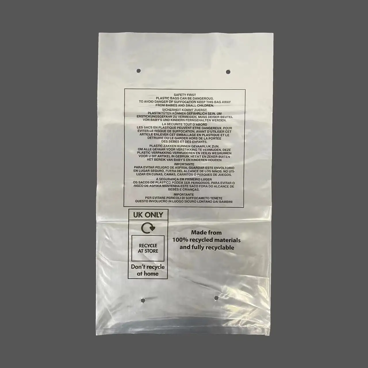 Sac en polyéthylène transparent pour vêtements en plastique LDPE GRS de recyclage personnalisé gratuit avec avertissement d'étouffement et impression de panneaux