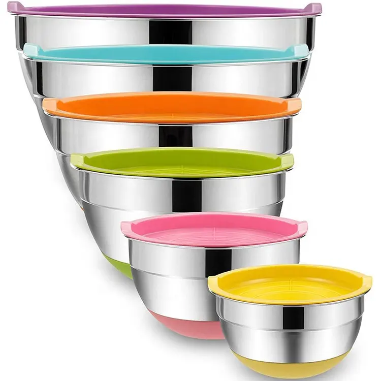 도매 다채로운 미끄럼 방지 베이스 스테인레스 스틸 그릇 세트 14-30cm 중첩 그릇 거울 연마 샐러드 믹싱 그릇