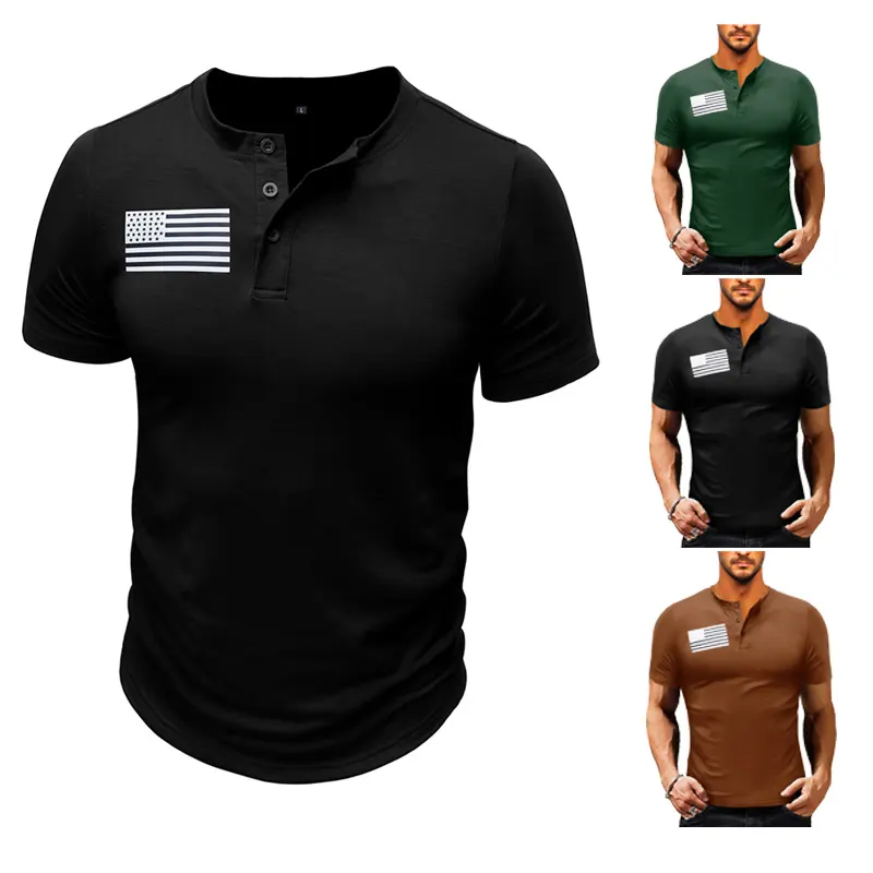 T-shirts ajustés Henley à manches courtes, style drapeau américain, décontractés pour hommes