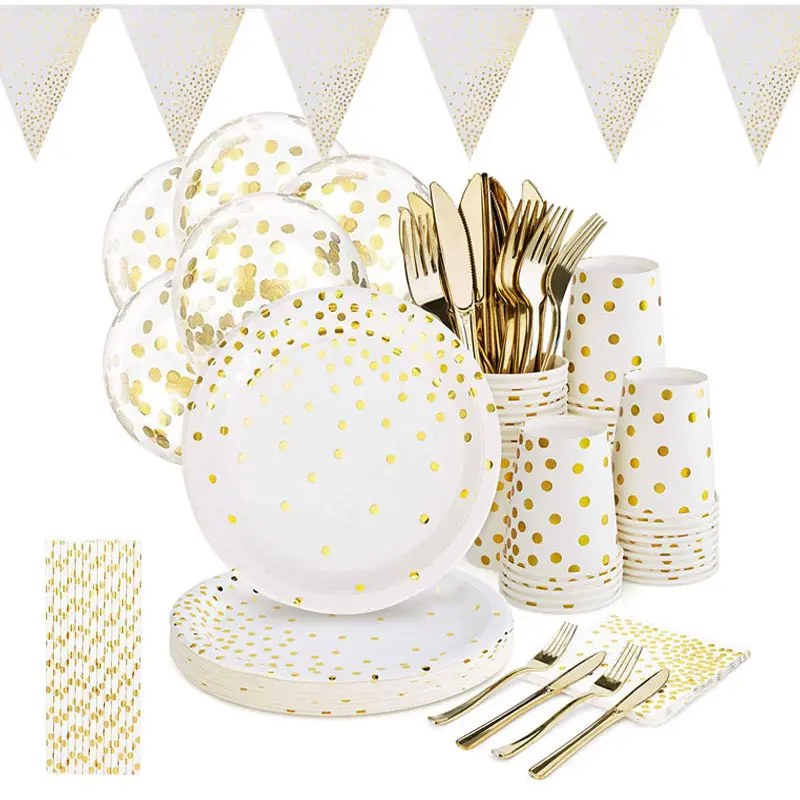 Forniture per feste di matrimonio in oro bianco stoviglie usa e getta piatti di carta bianca tazze oro per la collezione della festa del papà di compleanno del bambino