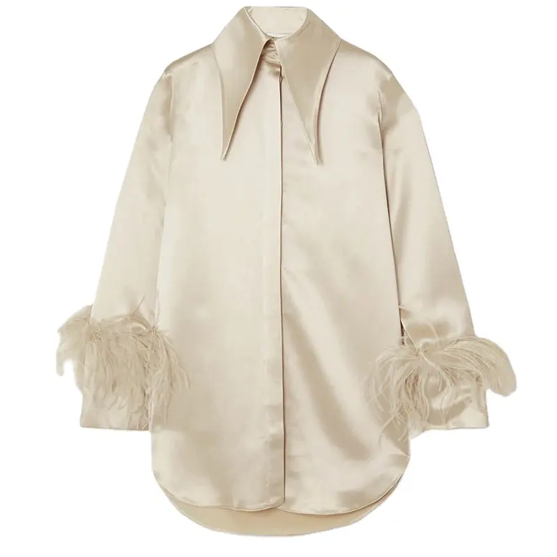 Camisa de satén con botones ocultos para mujer, camisa con plumas, color beige, OEM