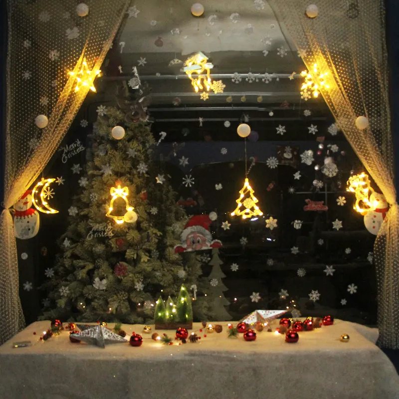 Set Dekorasi Jendela Natal dengan Liontin Lampu, Stiker Jendela Tirai Dekorasi Kepingan Salju, Ornamen Natal Gantung