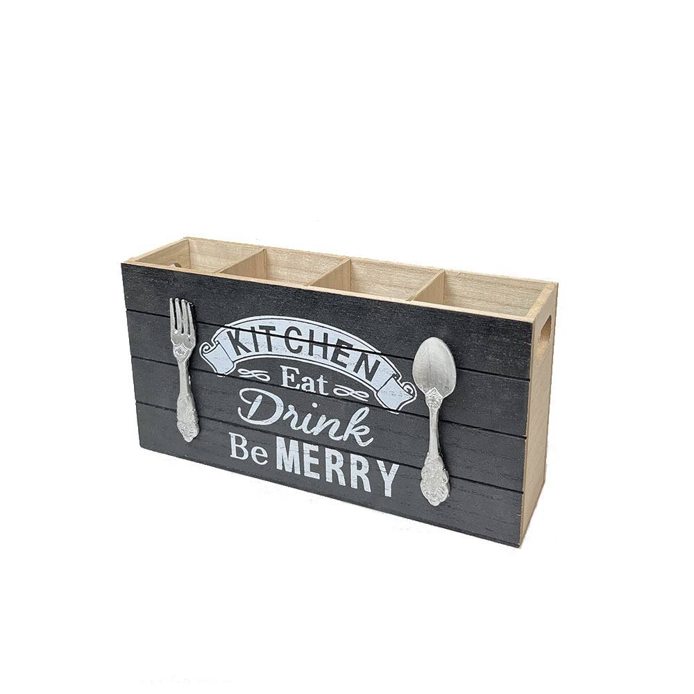 Wooden color, black base, silver knife and fork