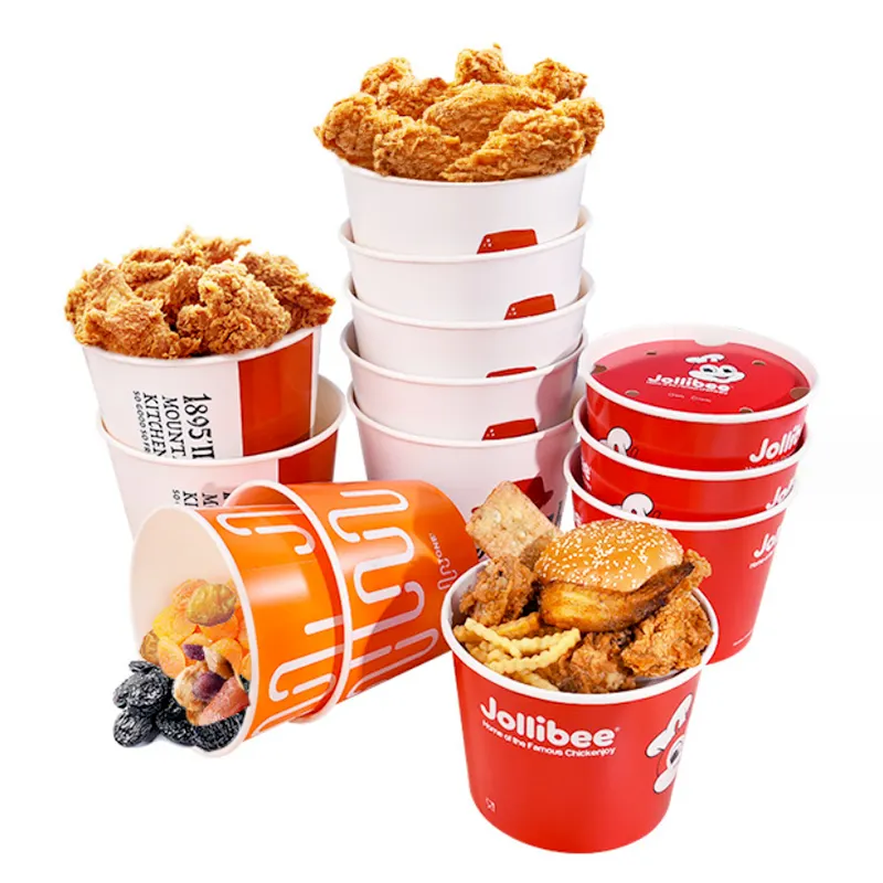 Venta directa de fábrica, cubos de palomitas de maíz personalizados, Ala de pierna de pollo, patatas fritas, cubo familiar, comida de papel, fuegos fritos, cubos de pollo