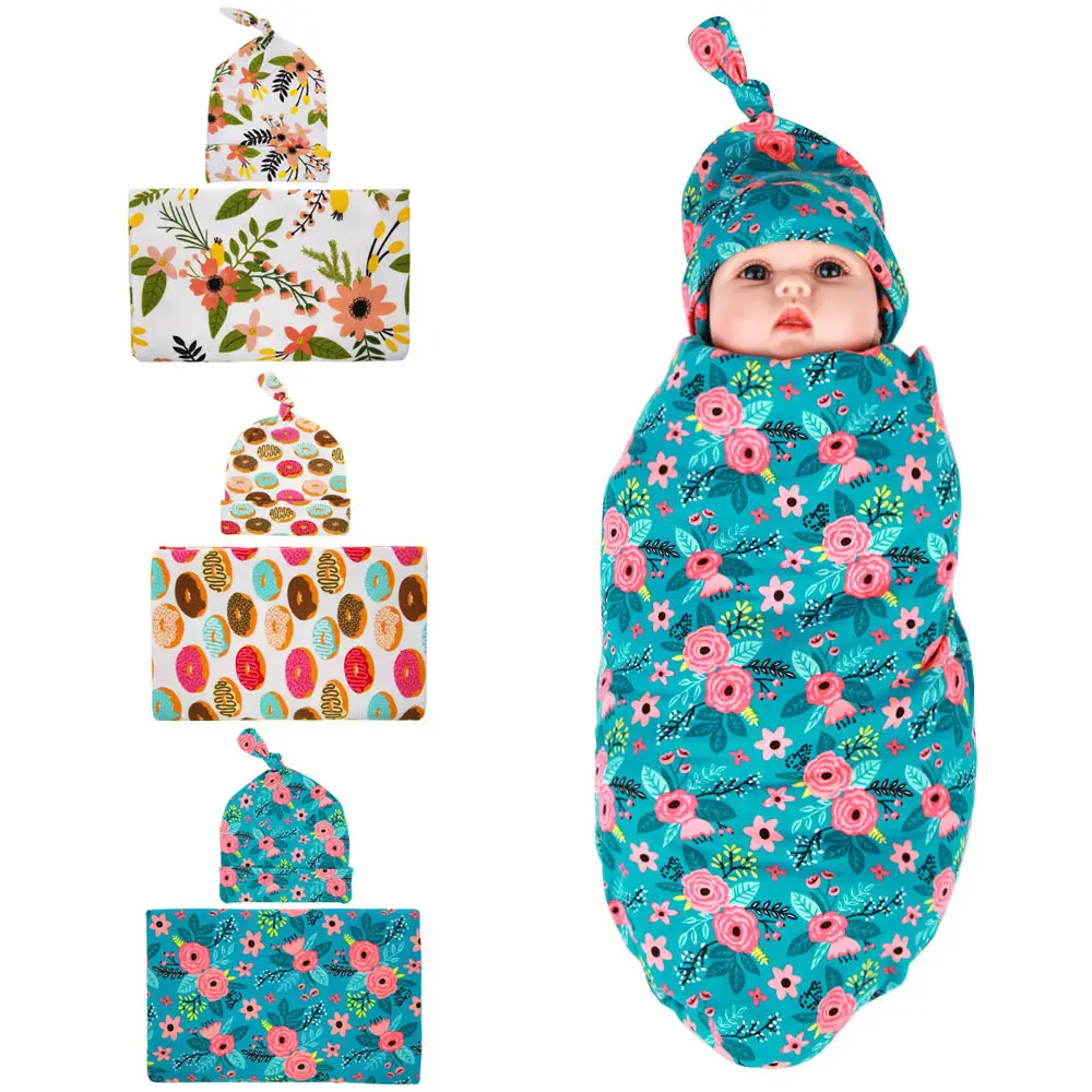 Hot selling in Europe and America baby wrapping cloth blanket floral tire cap set AliExpress newborn wrapping sleep