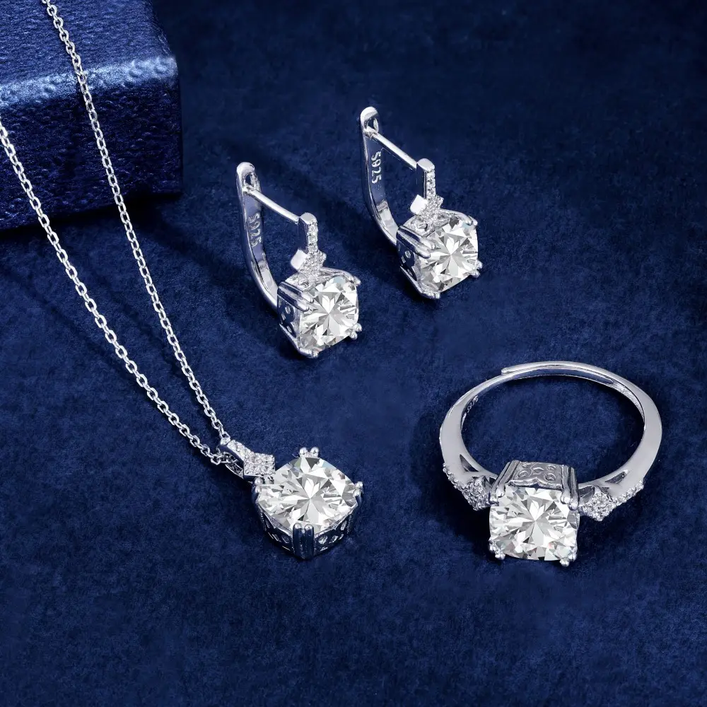 Conjunto de joyería de plata 925 para mujer, collar de novia y pendientes de tuerca, anillo de boda 925