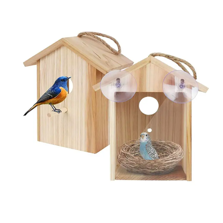 Bird Nest Transparent Through Upgraded Wooden Birdhouse Outdoors Lanyard Outside Window Bird House With Strong Suction Cup