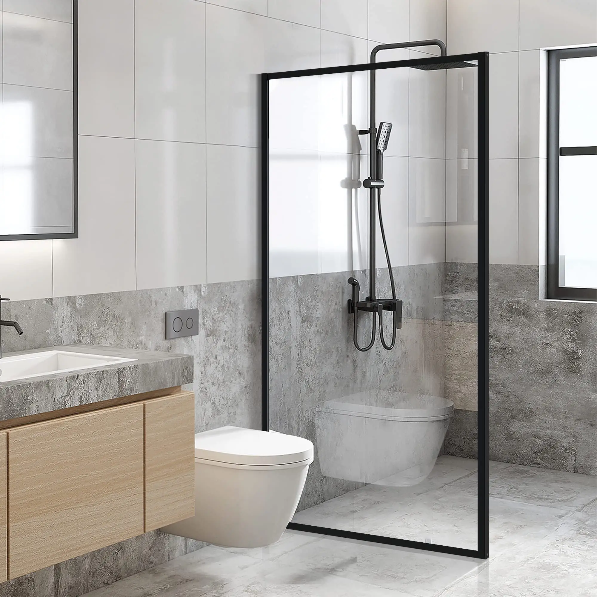 غرفة استحمام بحوض استحمام بباب منزلق فردي من الألومنيوم ، معدات سوداء من الزجاج الشفاف بدون إطار