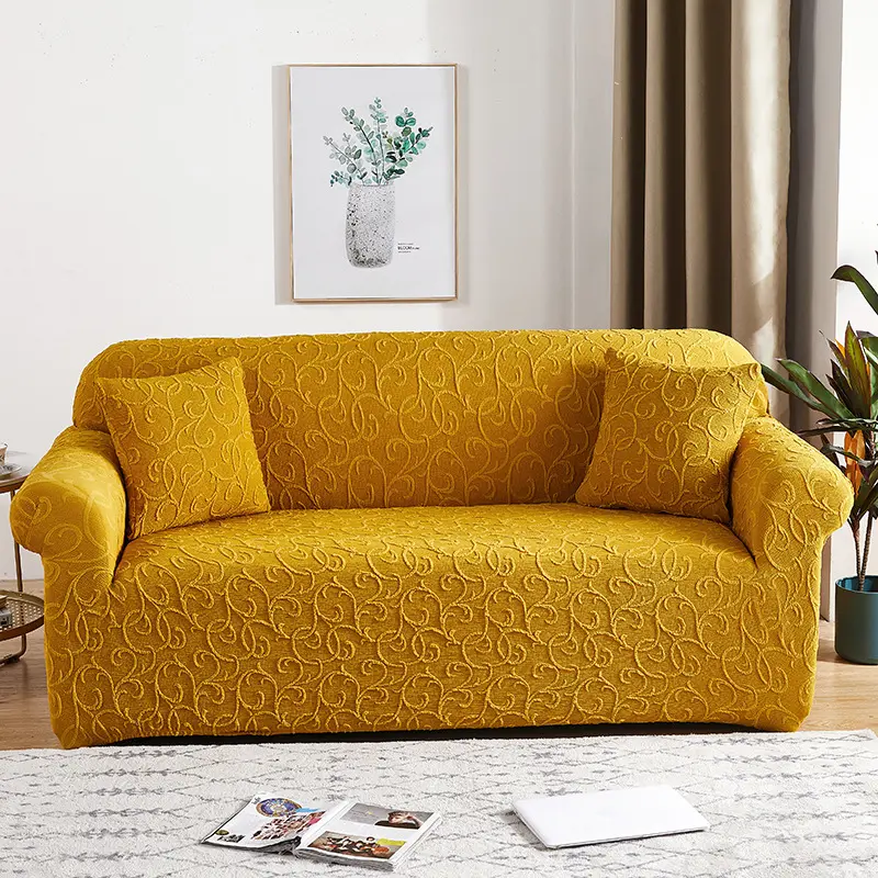 Capa protetora de malha para sofá, de malha, alta elasticidade, grossa, em relevo, jacquard, amarelo, 3 lugares, capa de sofá