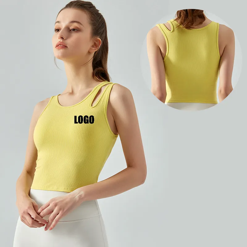 New Spring 2023 Ribbed Built In Bra Sports Crop Top Cotton Casual canotte senza maniche Top Hollow Out Gym Fitness Wear per le donne