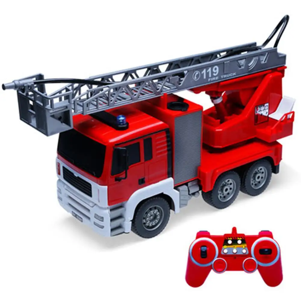 Coche de rescate teledirigido con PULVERIZADOR DE AGUA de simulación, juguete con control remoto, escalera extensible, motor de bomberos, rc, escala 1:20