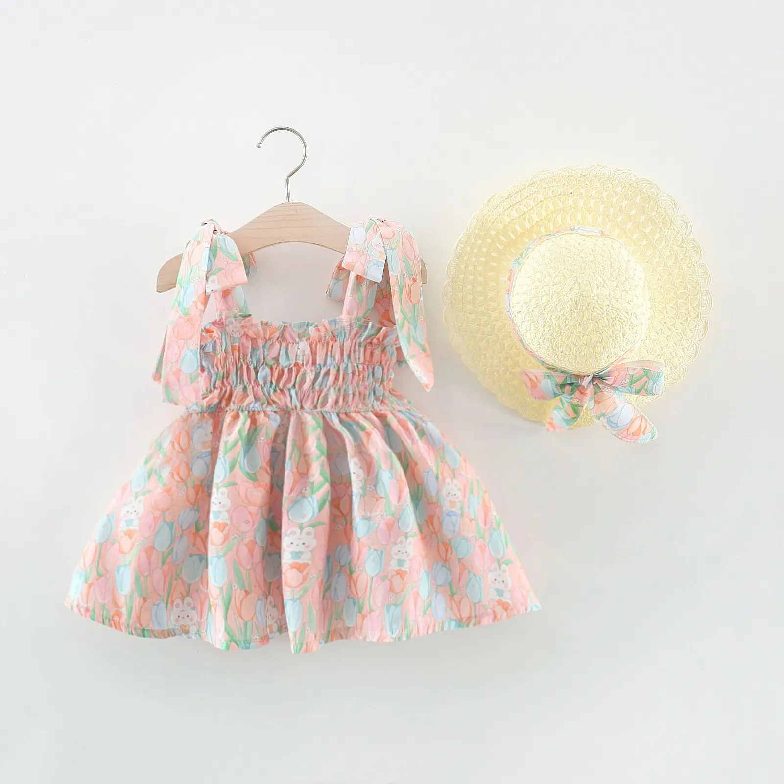 2023 Sommer New Girl Bunny Tulip Sling Kleid Baby Girl Koreanische Baumwolle Kleid Strohhut