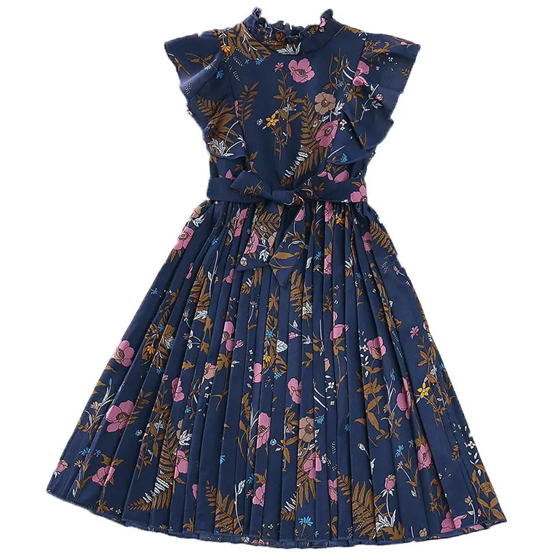 130-160cm 유럽과 미국 소녀 드레스 여름 새로운 비행 소매 복고풍 꽃 공주 드레스 짧은 소매 드레스