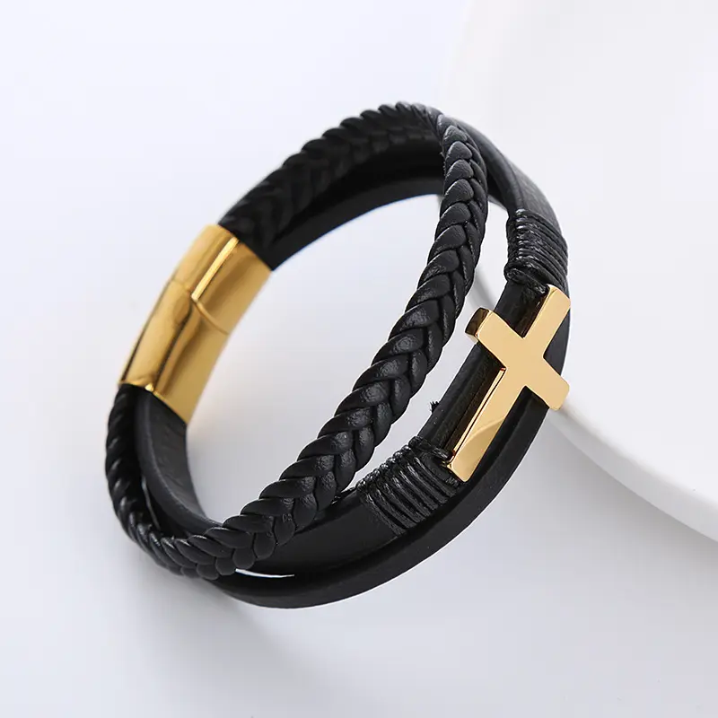 Bracciali da uomo in vera pelle con croce cristiana minimalista all'ingrosso in acciaio inossidabile