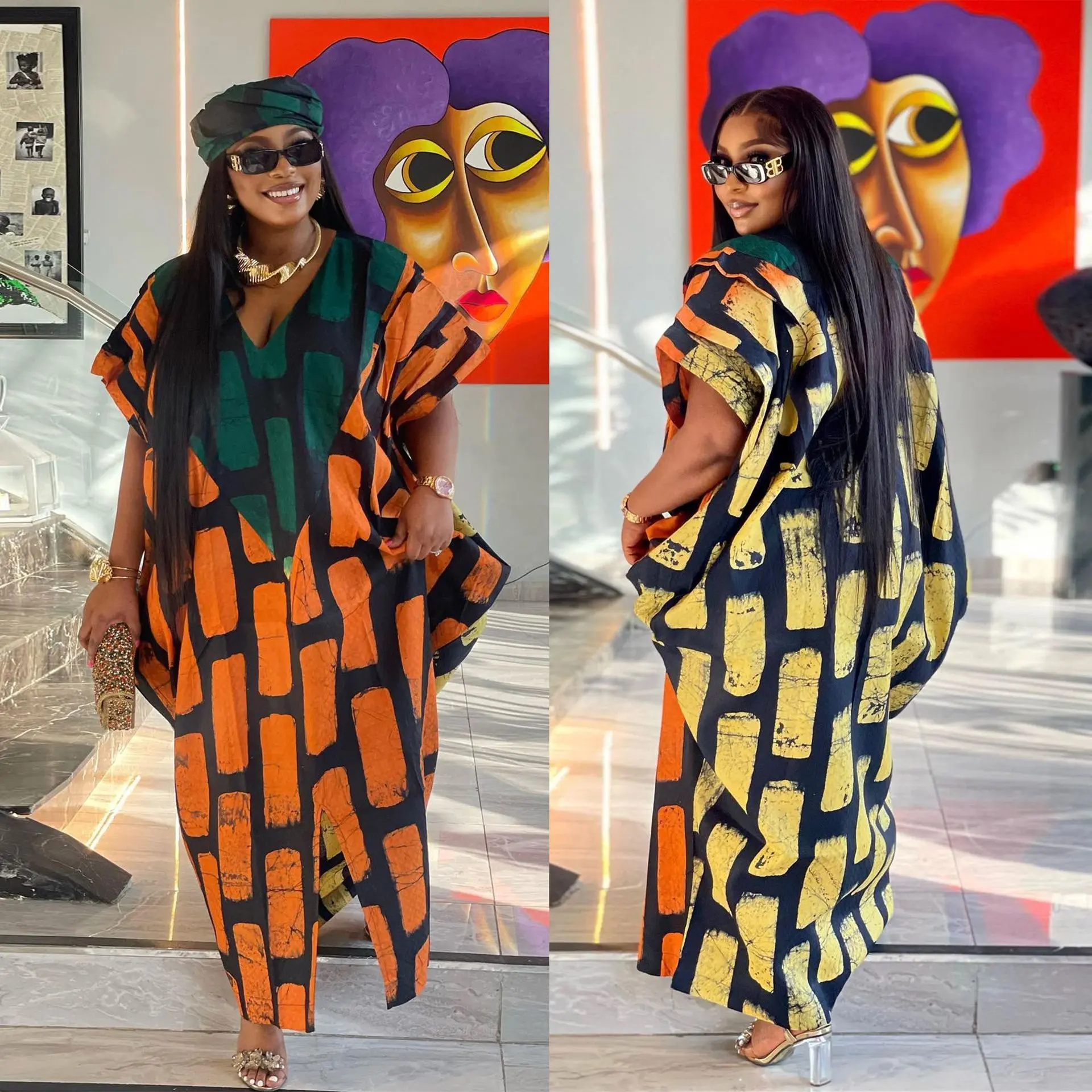 2024 otoño África manga corta cuello en V poliéster estampado largo Maxi vestido africano Dashiki Vestidos para mujeres Ankara vestidos