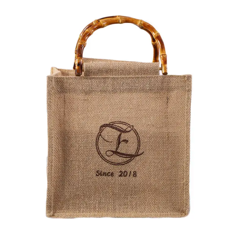 Custom ECO Friendly Organic Burlap Bag Jute Shopping Tote Bags With Bamboo Handle