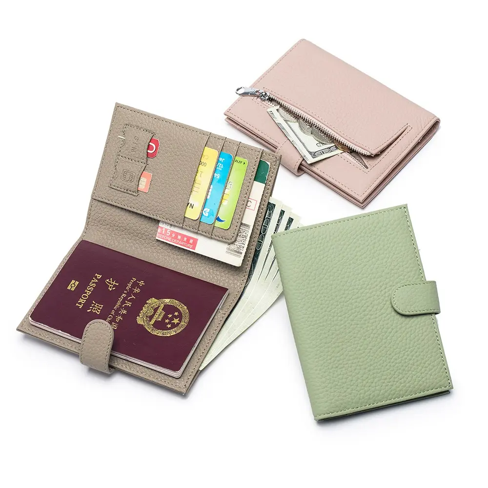 พรีเมี่ยมหนังแท้ผู้ถือหนังสือเดินทางฝาครอบ Rfid กระเป๋าสตางค์เดินทางบัตรป้องกันพร้อมซิม SD สล็อตการ์ดซิปกระเป๋า