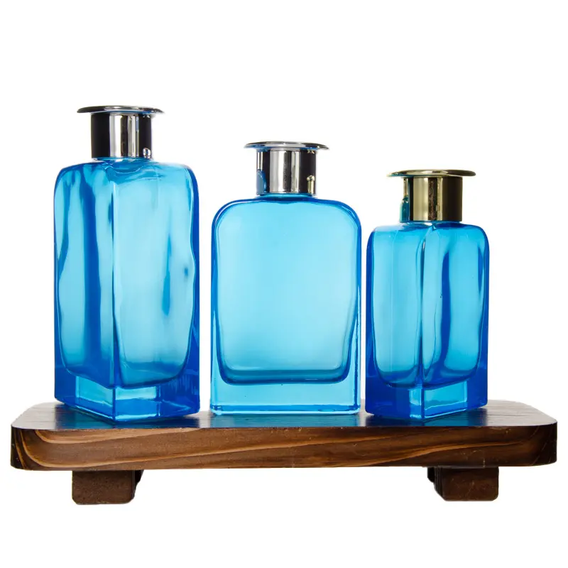 100ml/200ml/350ml couleur bleu clair plat carré Vase arôme parfum huile essentielle diffuseur de roseau bouteille avec bouchon à vis