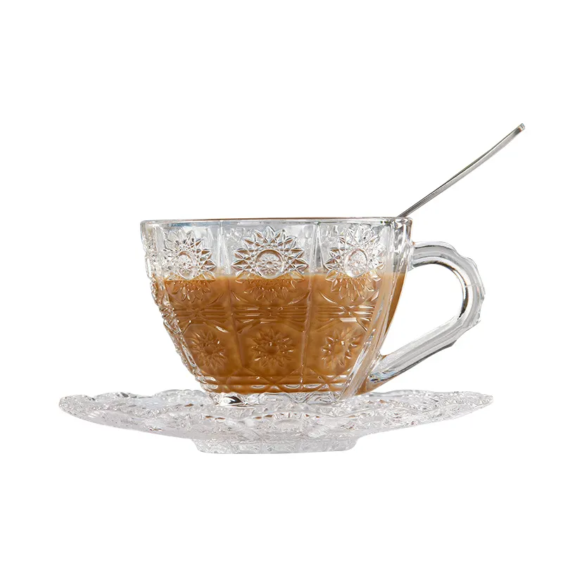 6OZ europeo claro grabado sol flor diseño 180ml vidrio taza de café taza salsa conjunto