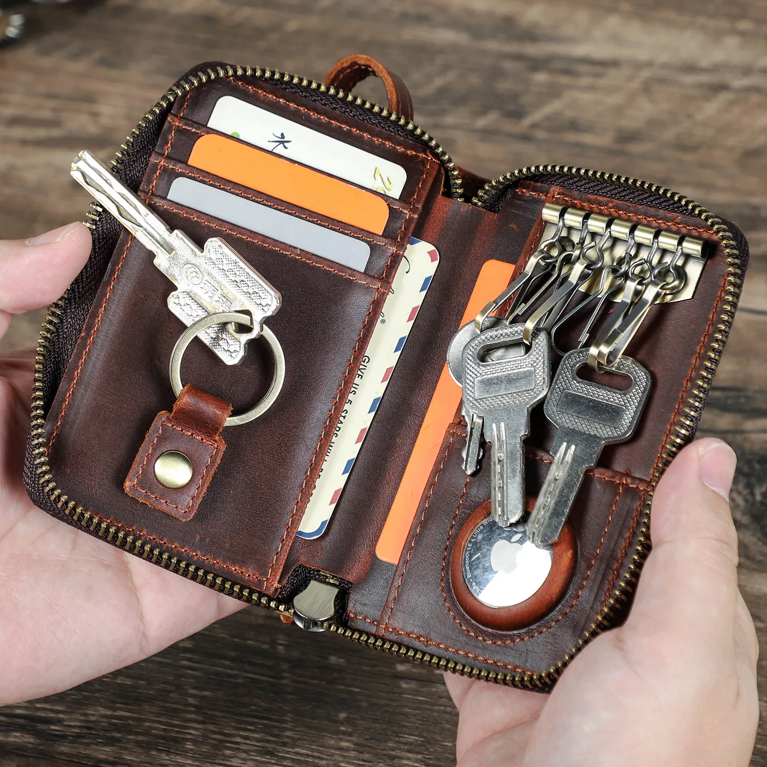 Portable voyage en cuir fermeture éclair porte-clés pochette avec fente pour AirTag voiture clé stockage RFID carte de crédit carte de visite organisateur